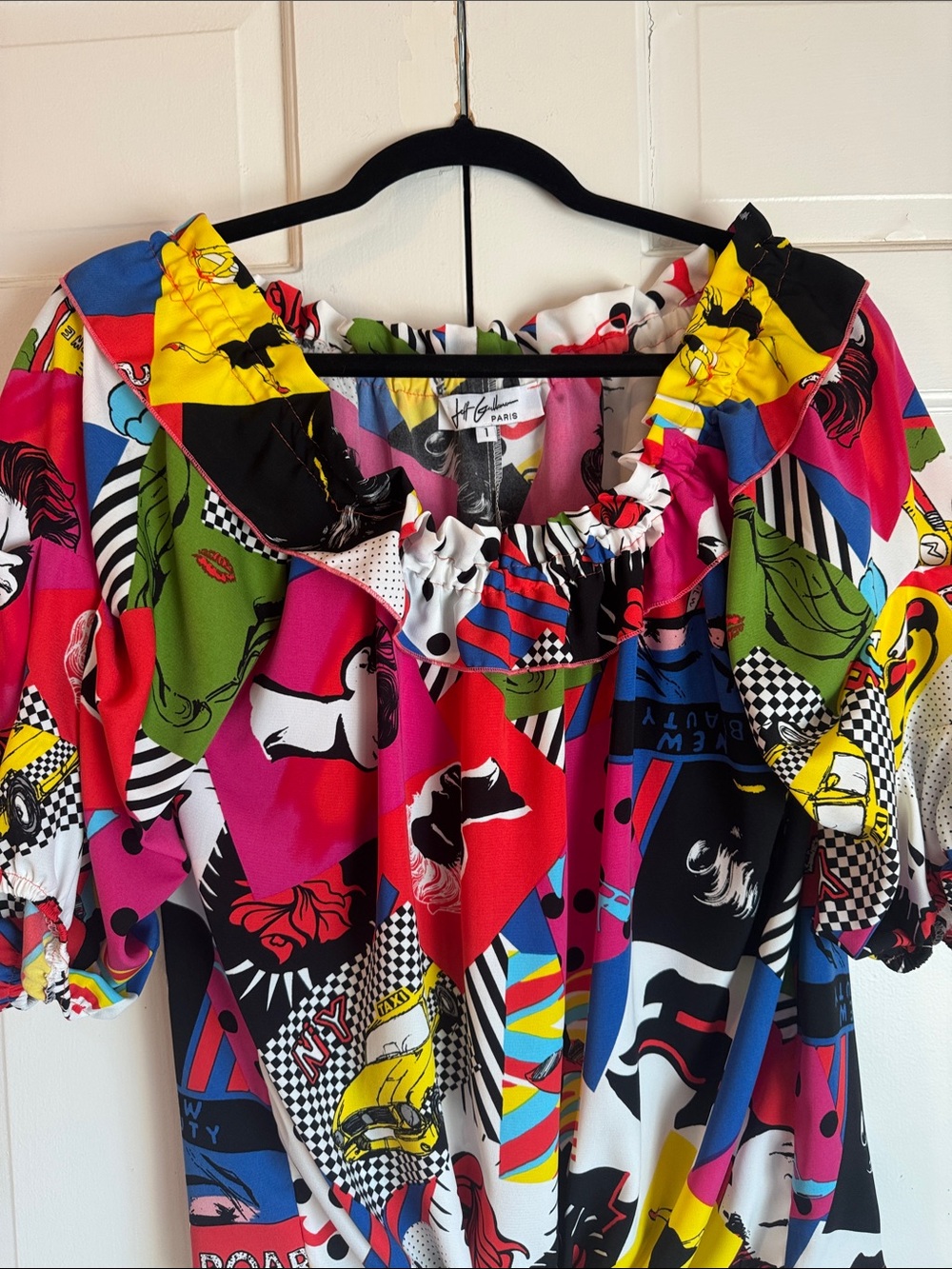 NWOT Vintage Jeff Gallano Paris Graphic Pop Art Blouse w/ Ruffle Off/On Shoulder - Picture 6 of 8